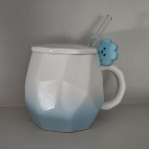Rumi Rhombus White and Blue Ceramic Mug with Lid and Straw